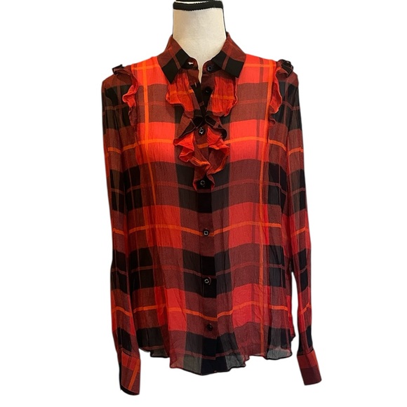 Kate Spade Woodland Red & Black Plaid Sheer Silk Blouse Ruffle Shirt Medium - Picture 1 of 15